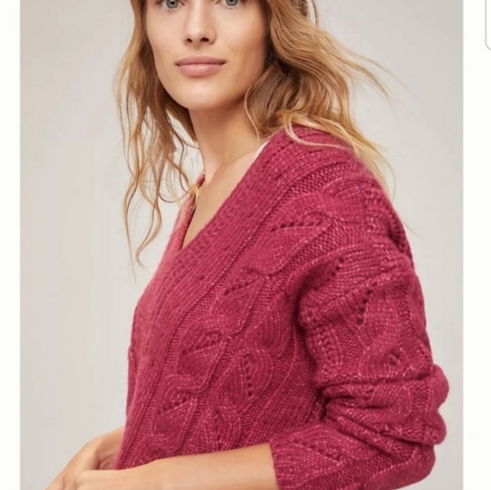 Anthropologie Ramona Dark Pink Vneck Cable Knit Sweater Chunky Oversized… - Picture 3 of 13